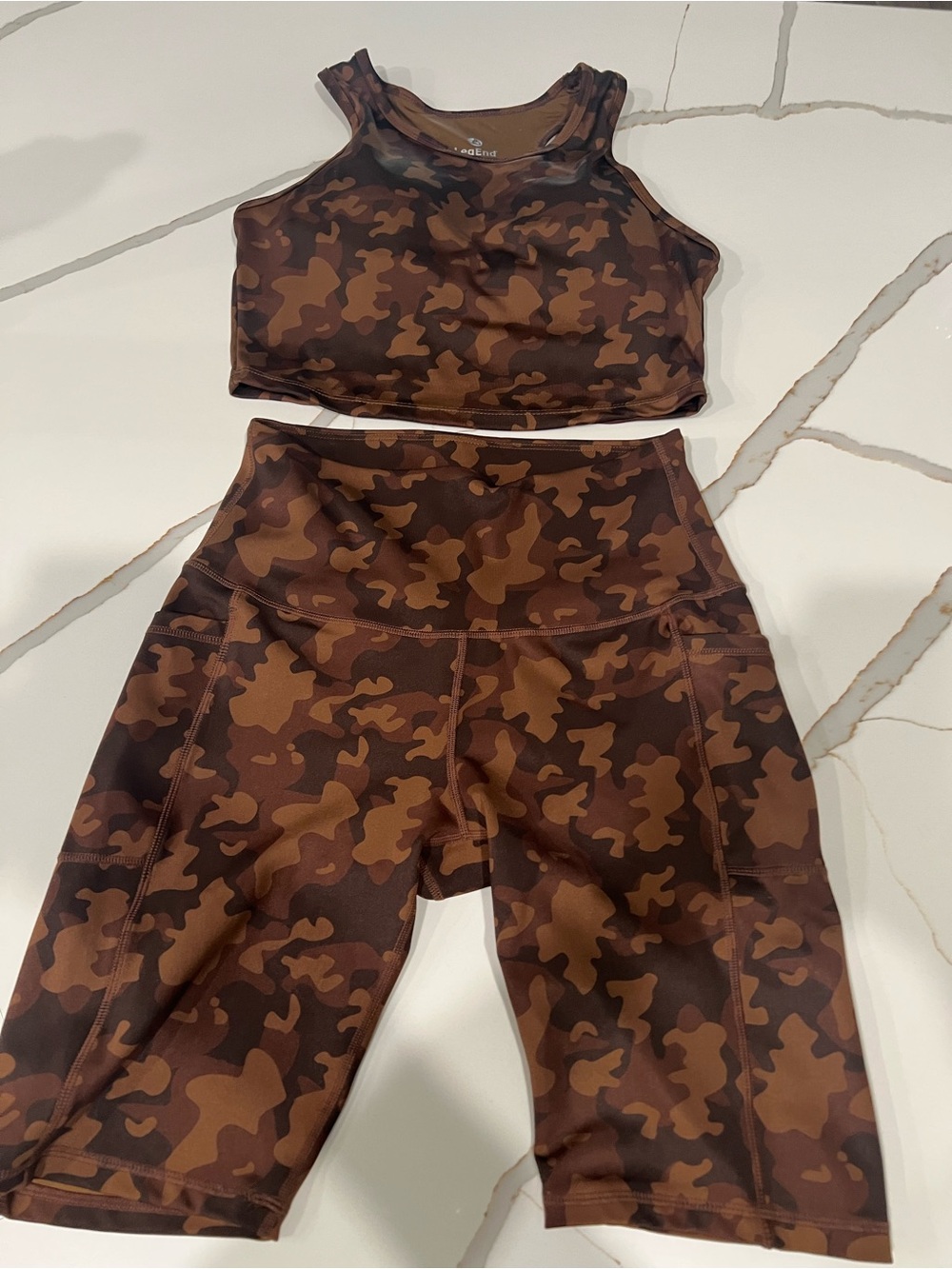 Fitness Brown Camo High-Waist Bike Shorts & Crop Top Set